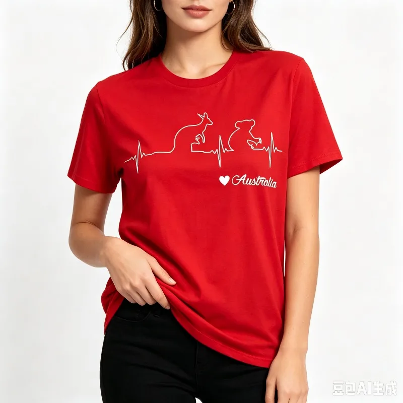 I Love Australia Kangaroo Koala Heartbeat T-Shirt Women 100% Cotton Front Print for Travel Lover Casual