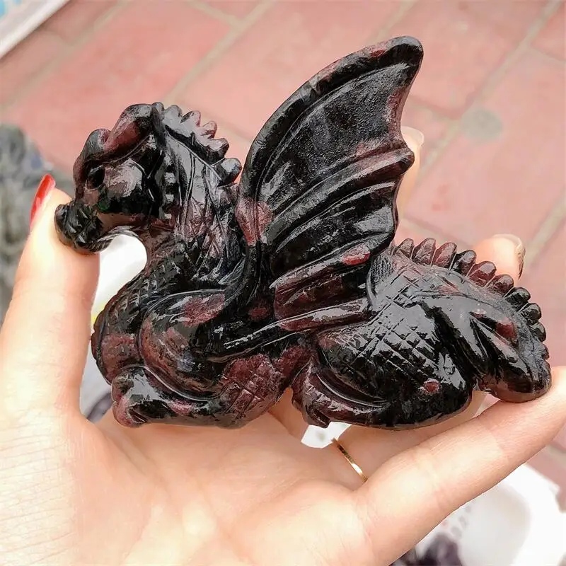 Natural Garnet Dragon Carving Gemstone Healing Crystal Reiki Carved Stones Room Office Decoration Gift 1PCS