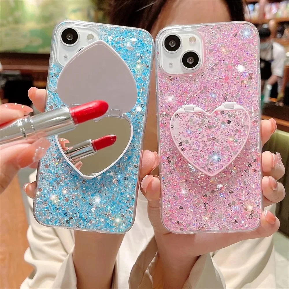 Glitter Heart Makeup Mirror Case For iPhone 15 14 Pro Max Cover 13 12 11 Pro 14 15 8 7 Plus X XS XR XS 7 8 SE Shock-resistant