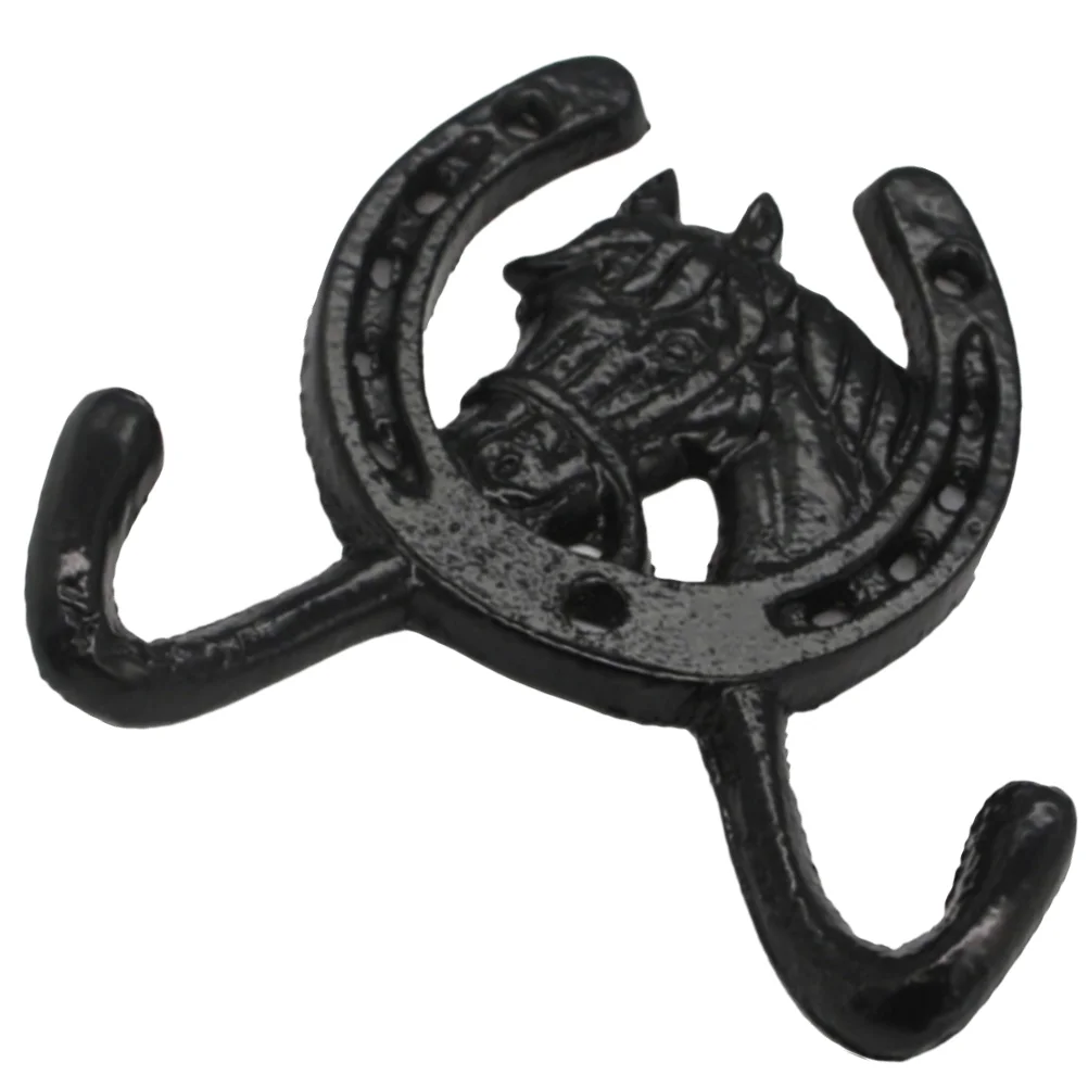 

Wall Coat Hooks European Style Creative Horse Head Horseshoe Double Cast Iron Black Wall-mounted Hanging Hat Hanger