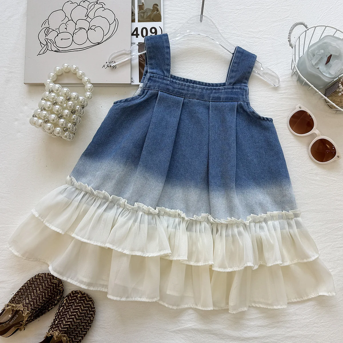 2026 Summer Girls Dress, Gradient Denim Mesh Spliced Cami Dress Vacation Style Princess Dress for 90-150cm