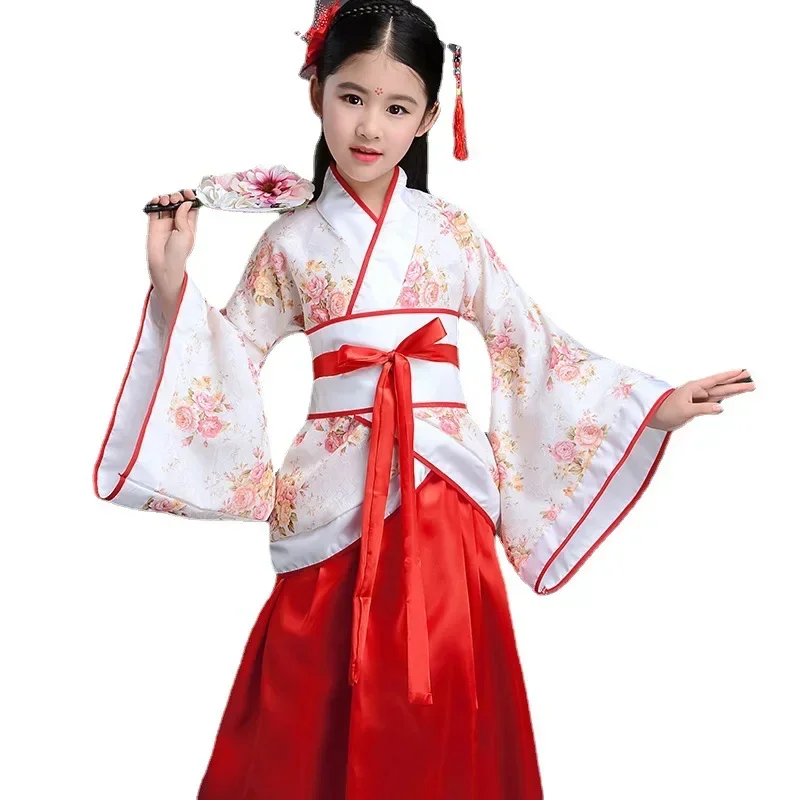 Chinese silk robe Costume Girls Children Kimono China Traditional Vintage Ethnic Fan Students Chorus Dance Costume Hanfu