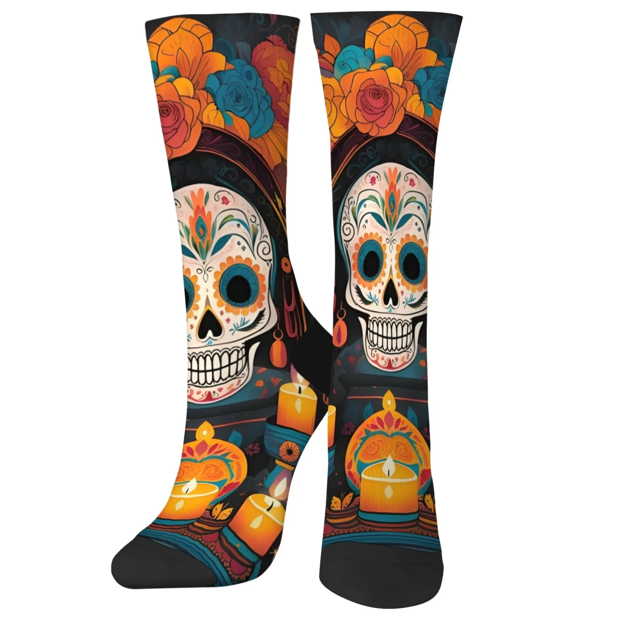 Soulful Calavera Socks，Sugar Skull & Marigold Altar Design，Traditional Mexican Folk Art crew Socks for Cultural Aficionados