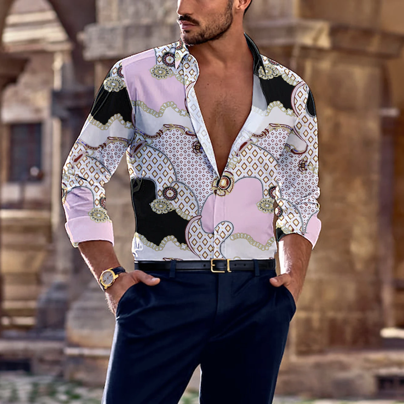 Spring Summer Fashion New Long Sleeve Men Shirt Business Leisure Party Street Trend Hawaiian Harajuku Brand Chain 3D Print Shirt