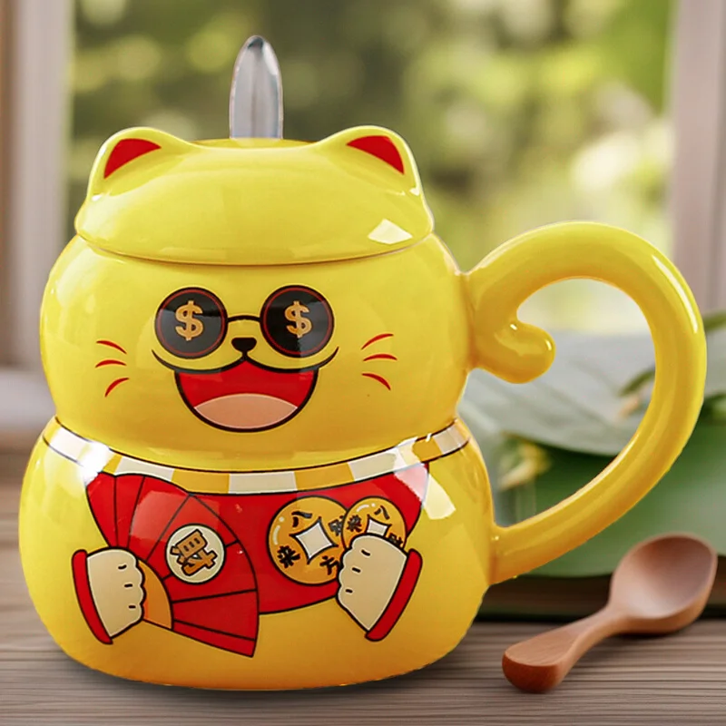 Joyful Mug Super Cute Animal Cartoon Ceramic Water Cup Large Caliber Fortune Cat Female Office Coffee Cup with Lid