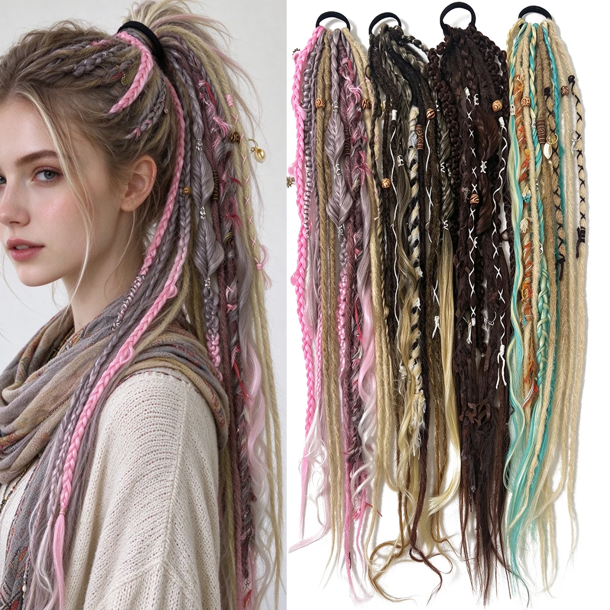 Boho Dreadlock Ponytail Hair Extensions Synthetic Handmade Braided Ponytail With Fake Hair Piece for Party Festival Cosplay