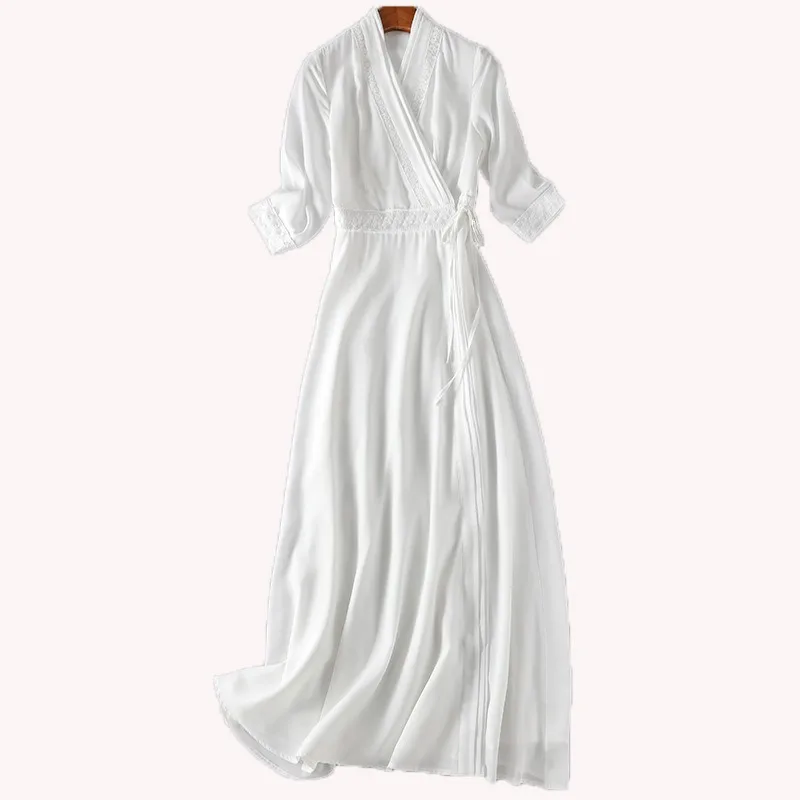 

Hanfu seven-quarter-sleeved V-neck lace-up long dress for thin women, spring, summer and autumn retro ethnic style literary