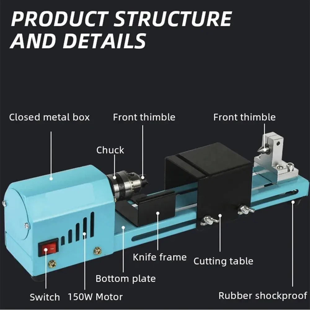 Mini Bead Lathe 150W 12V/24V Blue Micro Bead Lathe DIY Woodworking Bead Lathe Machine Drill Rotary Tool