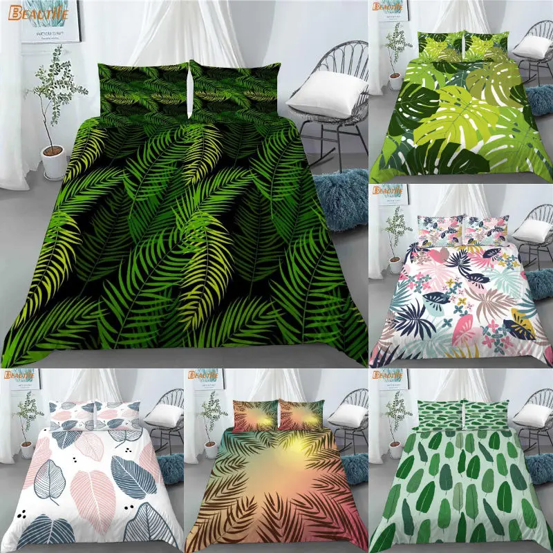 Silueta de hoja de palmera patrón sin costuras 3 uds juego de funda nórdica juegos de cama edredón funda nórdica funda de almohada Textiles para el hogar 1009