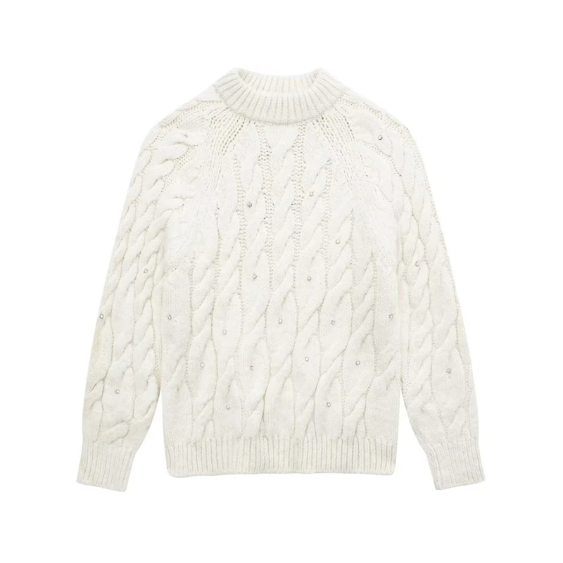 سترة نسائية بيضاء متماسكة مع زخارف من حجر الراين، سترة محبوكة برقبة وهمية وأكمام طويلة، بلوزة شتوية دافئة أنيقة #2