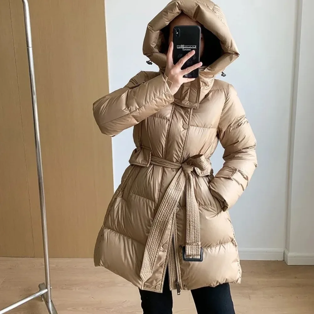 2024 New Autumn Winter Down Jacket Women Coat Women Hooded Long Jacket with Belt Female Thick Warm Loose Down Parka Outerwear