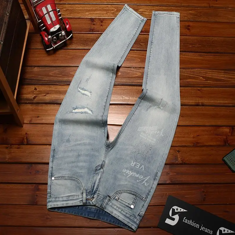 Trendy ripped jeans for men, fashionable print, elastic slim fit, small feet, rugged and handsome, summer thin long pants