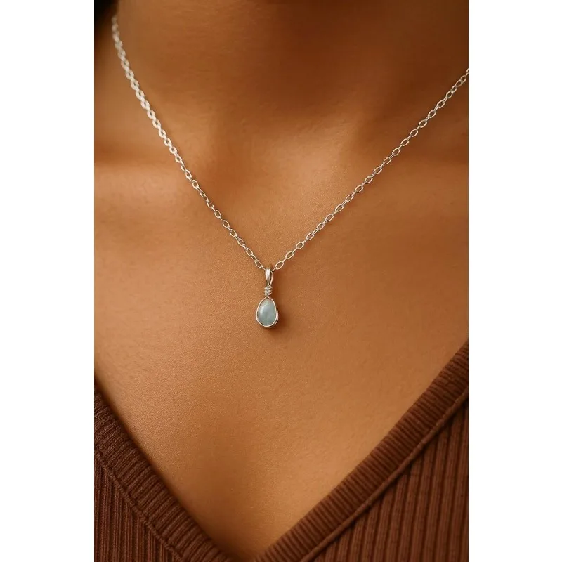Aquamarine necklace: wire-wound silver-plated crystal pendant