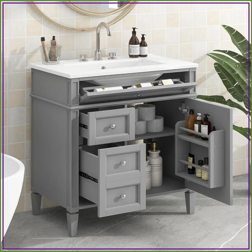 30 inch Bathroom Vanity with Ceramic Sink and Storage, Gray