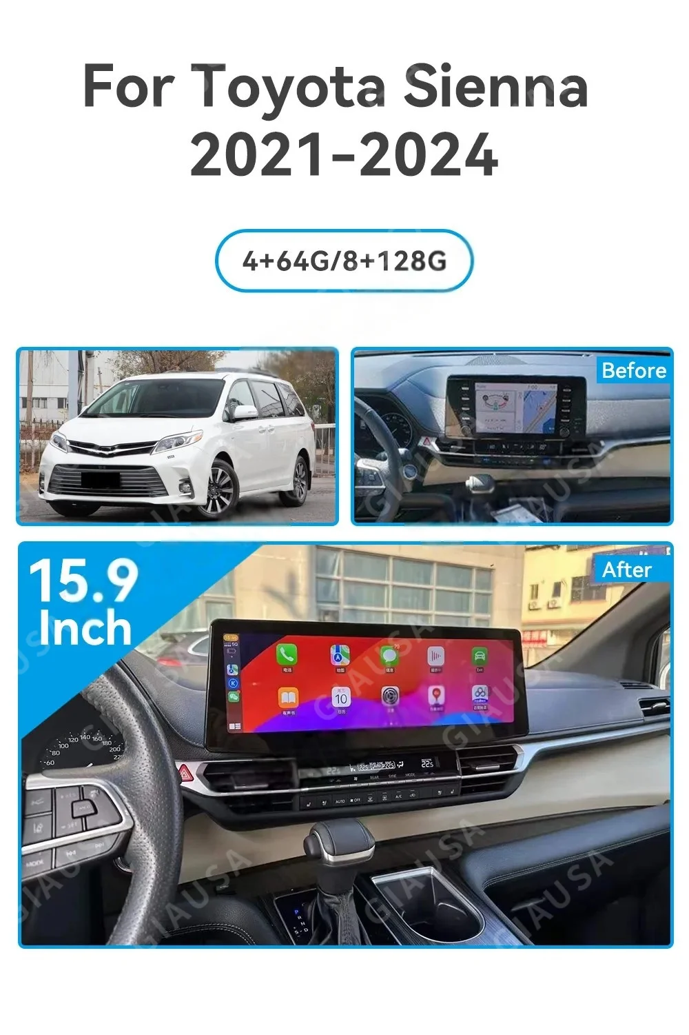15.9 Inch For Toyota Sienna Granvia 2021 2022~2024 Car Radio Android Auto GPS Navigation Screen Head Unit Automotive Multimedia