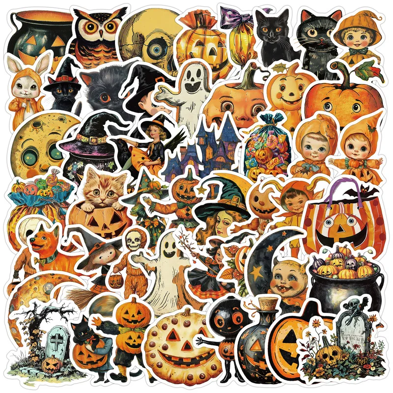 50pcs Halloween Stickers Cute Cartoon Pumpkin Ghost Bat Witch Sticker Set For Kids DIY Scrapbook Party Decoration