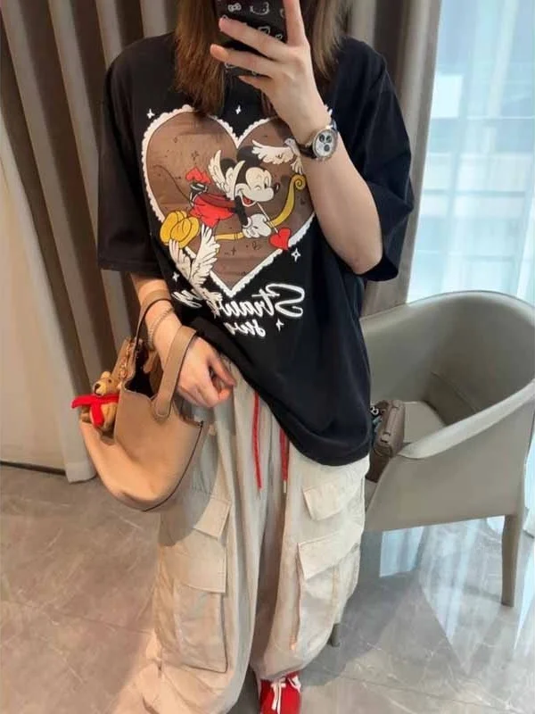 

Большие размеры 300, летняя новая женская футболка с завышенной талией и принтом для похудения, модная свободная футболка ort Sve, корейская хлопковая футболка...