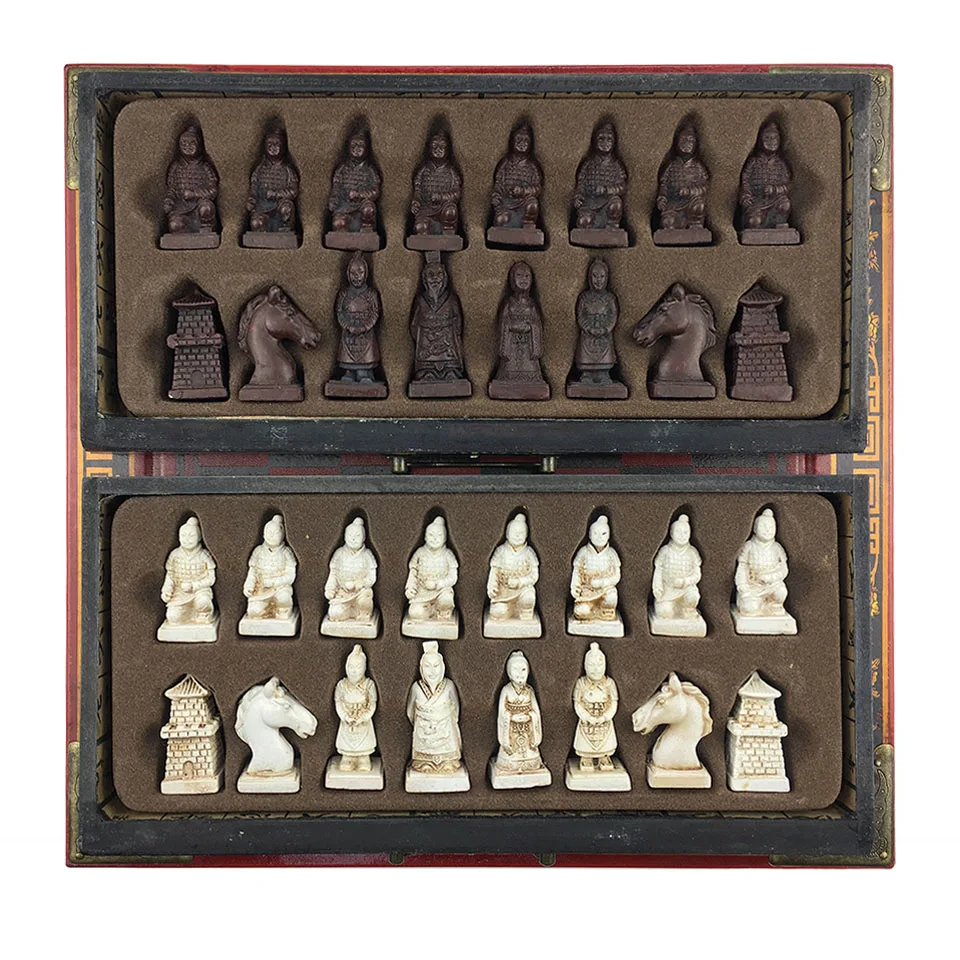 Conjunto de xadrez de madeira terra cotta guerreiros ou tropas manchu jogo de xadrez internacional peças de xadrez de resina cassete de madeira tabuleiro de xadrez 57