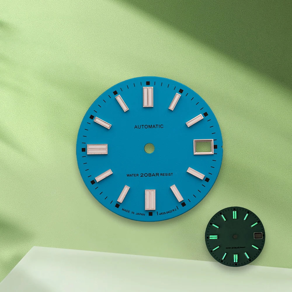 28,5 mm S-Logo, mattes Zifferblatt, keine Zeiger, passend für NH35/NH36/4R/7S, japanisches Uhrwerk, grün leuchtendes, seeblaues Uhrenmodifikationszubehör