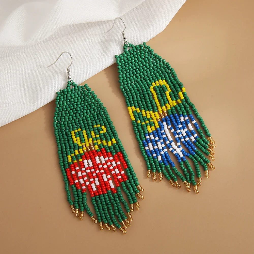 Rice bead earrings Tassel Christmas Deer Santa Claus Play tricks Design Hand knitting Bohemia Fashion Simple Beaded earrings