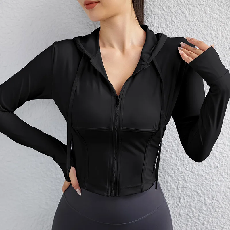 

Women's High-Waist Zip Hoodie Jacket Long Sleeve Yoga Crop Top Running Gym Outdoor Sports Coat
