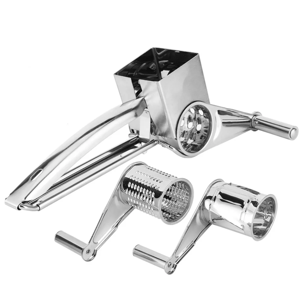 Stainless Steel Rotary Cheese Grater Rotatable 3 Interchanging Drum Blades Hand Crank Cheese Grater Easy Clean Silver