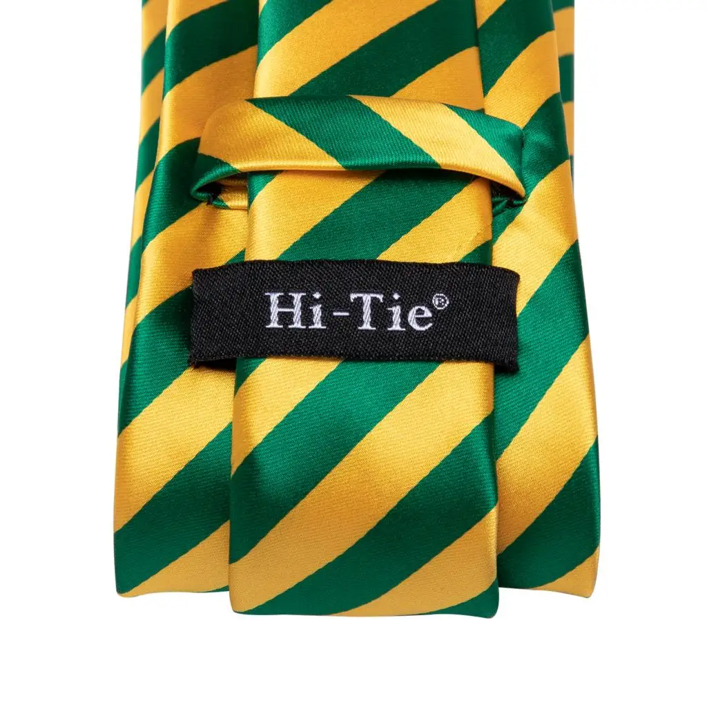 Hi-Tie Green Yellow Striped Silk Wedding Tie For Men Fashion Design Handky Cufflink Set For Men Necktie Business Party Dropship