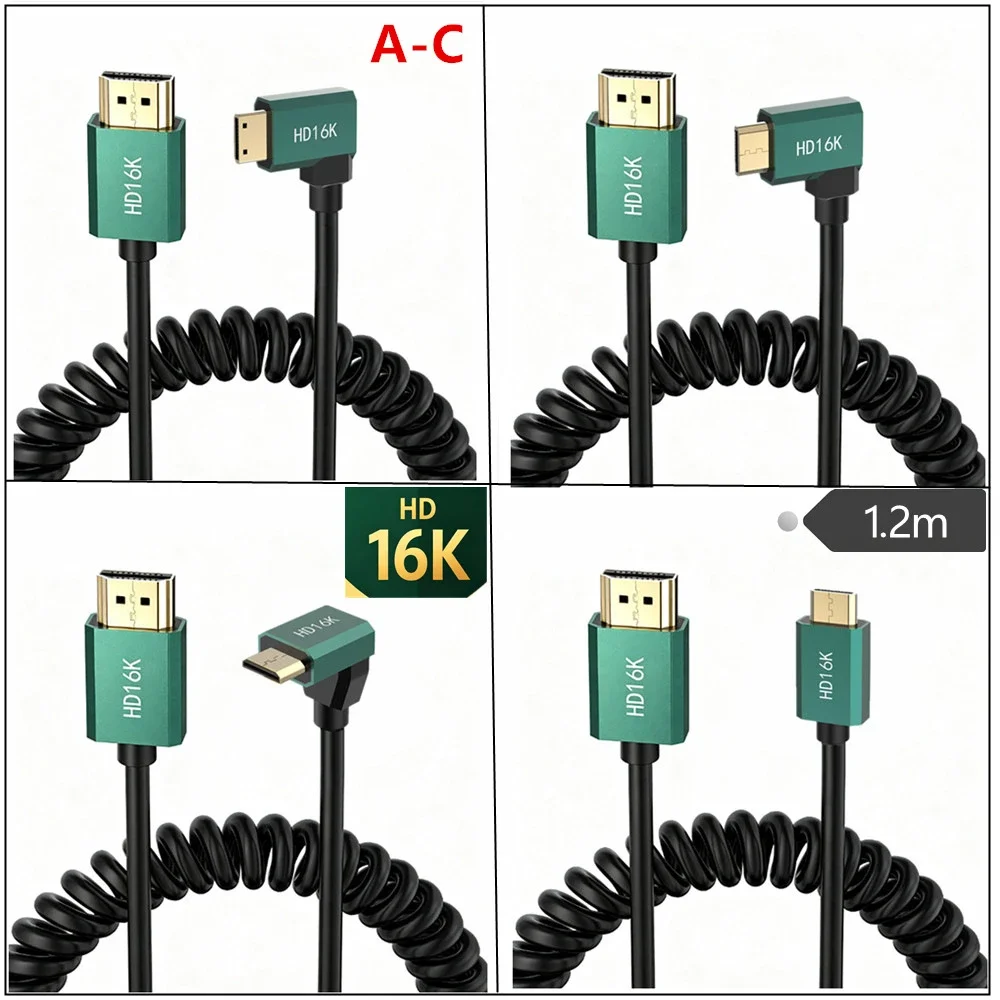 16K HDMI Coiled Spring Cable HDMI Male To Micro Mini HDMI Male Gold Plated for Camera Monitor Capture Card 1.2m