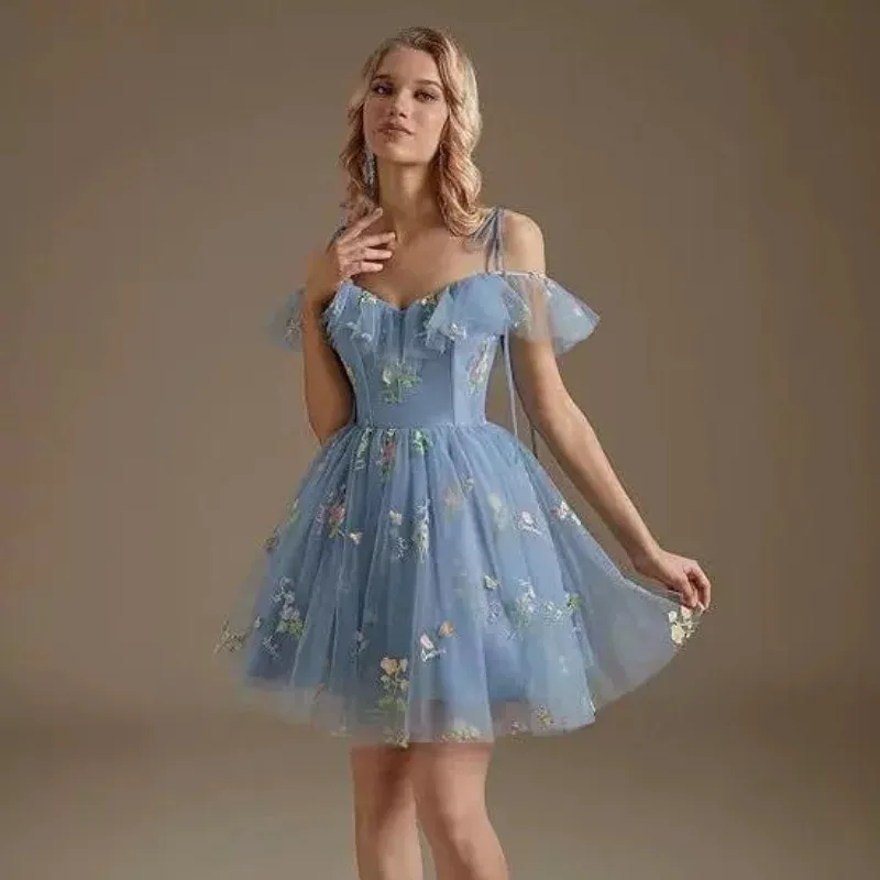 

Strap Evening Dress Short Dress 2025 Spring/Summer New Fashion Mesh Slimming and Slimming Adult Ceremony Host Dress