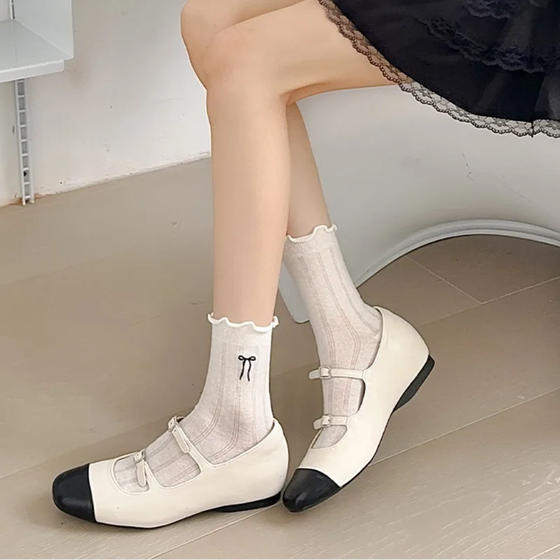 Sweet Girl Bow Embroidery Socks College Style  Middle Tube Sock Butterfly Hollow Out Lace Lolita Stockings Women Casual Socks