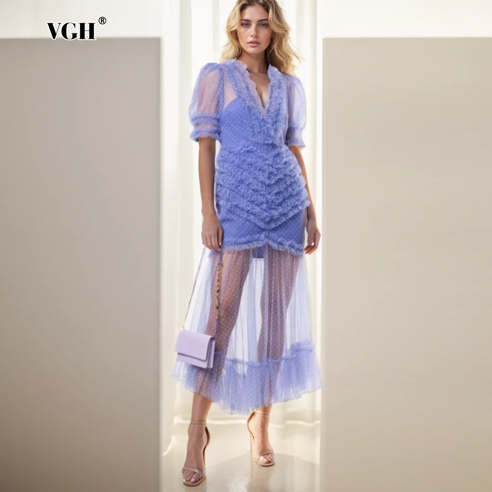 

VGH Elegant Patchwork Sheer Mesh Dresses For Women Round Neck Short Sleeve High Wiast Spliced Lace Casual Dress Female Fashion