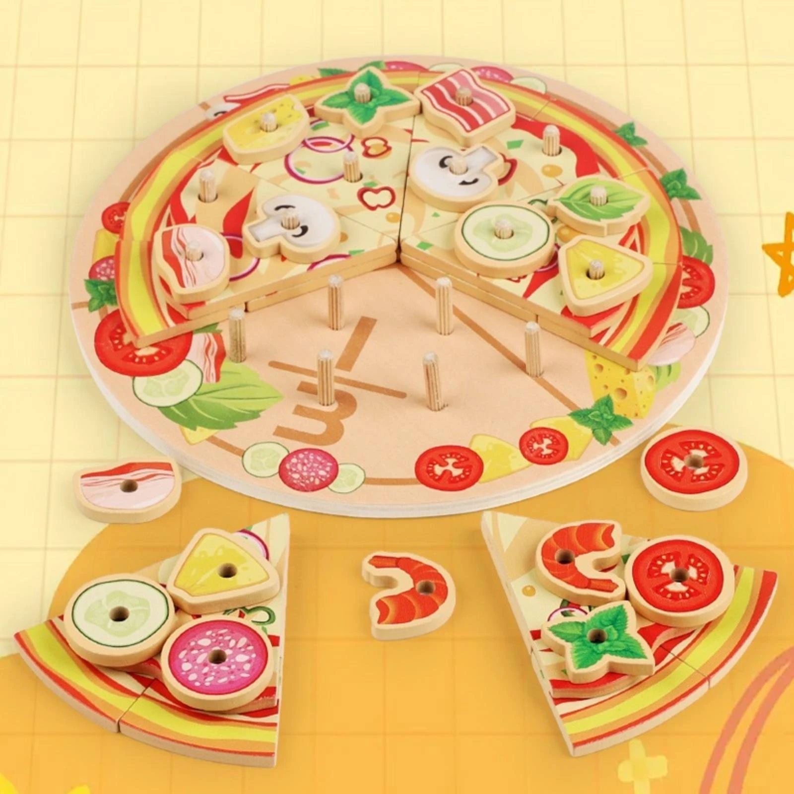 Pizza Board with Toppings Screenunplugged Wooden Pizza Toy Playset Smooth Set Hands-on for Children, Classroom, Daycare