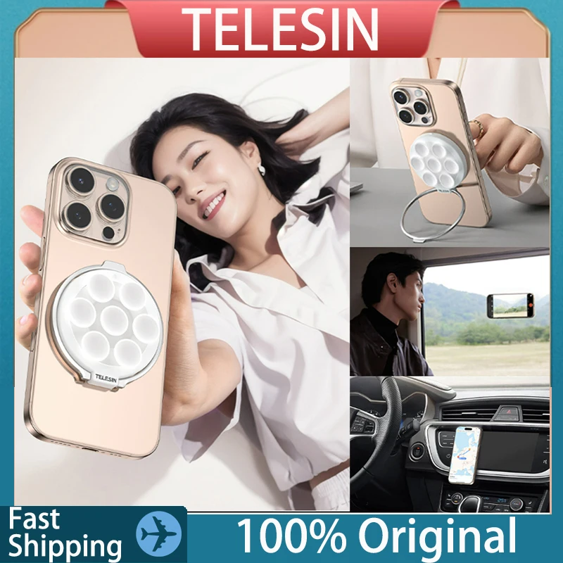 Original TELESIN Magnetic Phone Grip Stand Suction Cup Hands-Free Mirror Multifunction Phone Holder Fill Light For iPhone