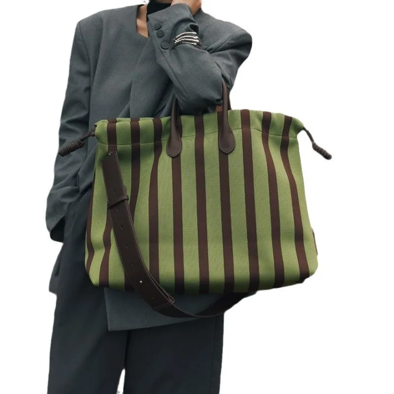 

Large-capacity Canvas Striped Tote Bags for Women Green Handbag Purse for Work Female Shoulder Bag Designer Bag Luxury