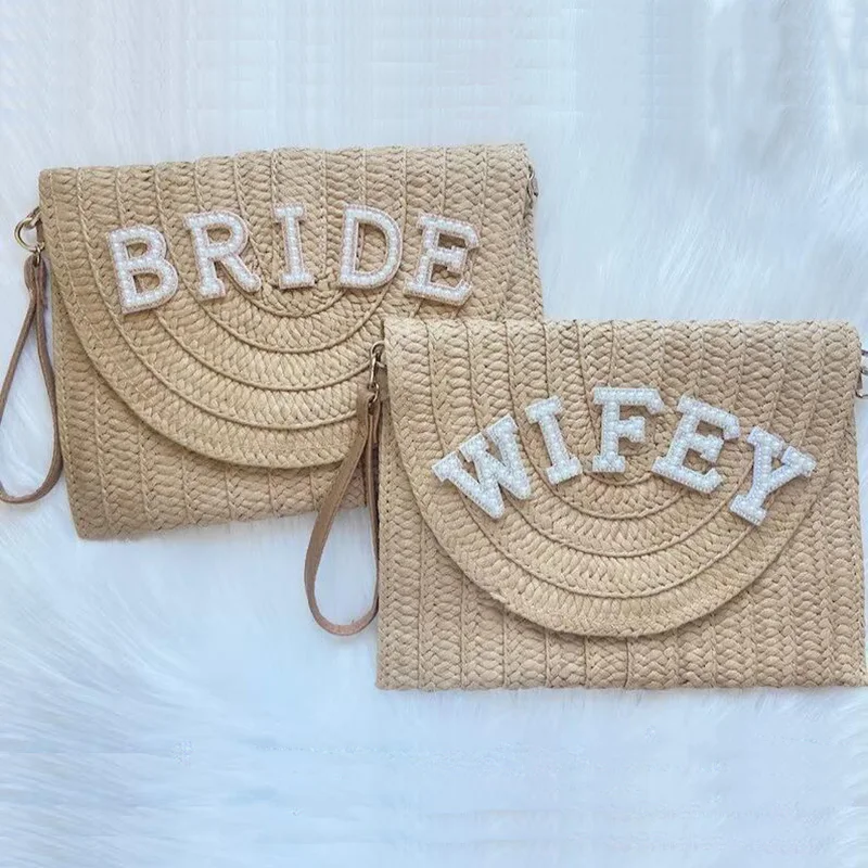 

Bride Wifey Clutch Bag boho rustic beach pool Bridal Shower Wedding Engagement Honeymoon Bachelorette hen Party decoration Gift