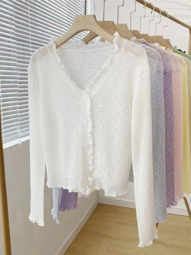 

2026 Summer New Sweet Purple Ice Silk Knit Women's Cardigan Ruffle Trim V-Neck Single Breasted Solid Color Sun Protection Top