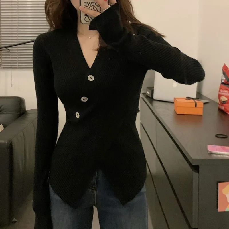 Neploe Korean Kpop V-neck Solid Sweaters Mujer Autumn Slim Waist Split Tops Women Long Sleeve Bottoming Knitted Pullover