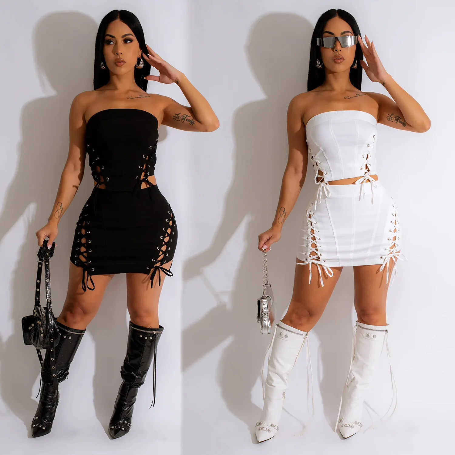 

Модный женский комплект, однотонный топ без рукавов на молнии с вырезом, короткая юбка, комплект из двух предметов, лето 2023 г.