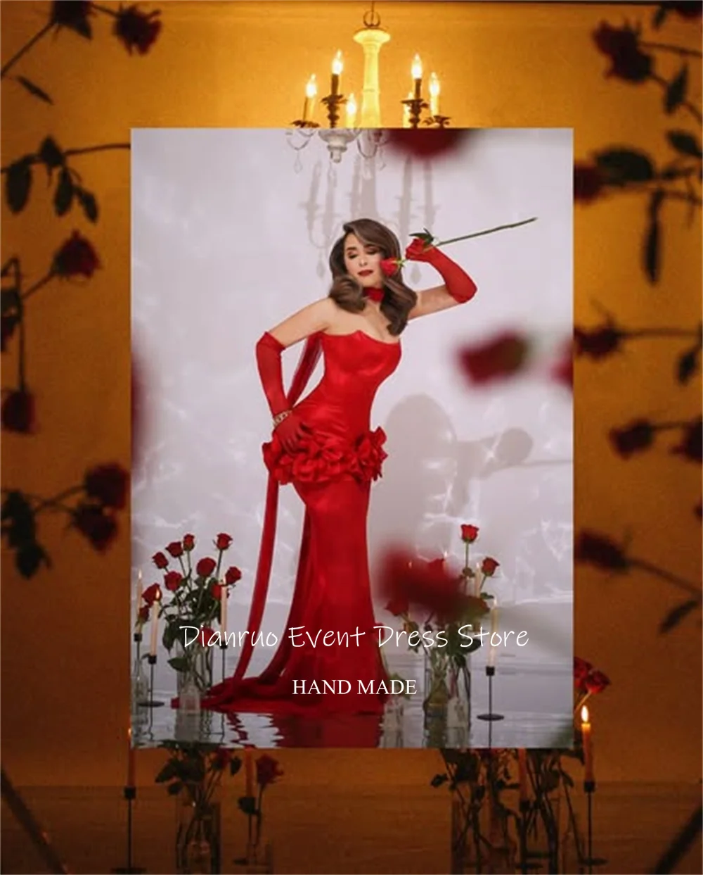 Dianruo Blumen Elegante Rote Abendkleider Satin Lange Prom Kleider Romantische Lace Up Zurück Bänder Vestidos De Fiesta Angepasst