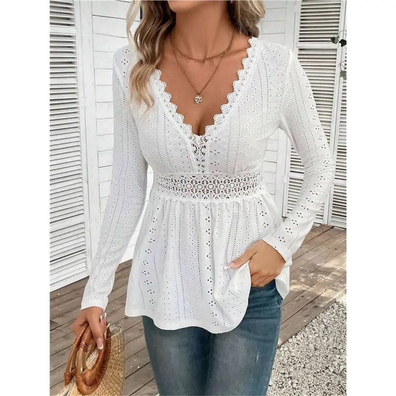Women V Neck All-Over Eyelet Hollow Lace Cinched Waist Flared Hem Long Sleeve Casual Tunic Blouse White S Eco-Friendly