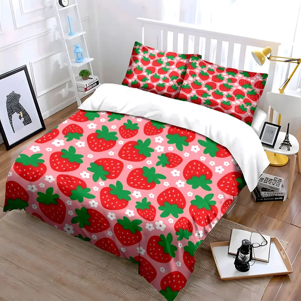 Strawberry Pattern Decor Set Soft Comfortable Duvet Cover Bedding Set Included 1*Duvet Cover & 2*Pillowcases, gift