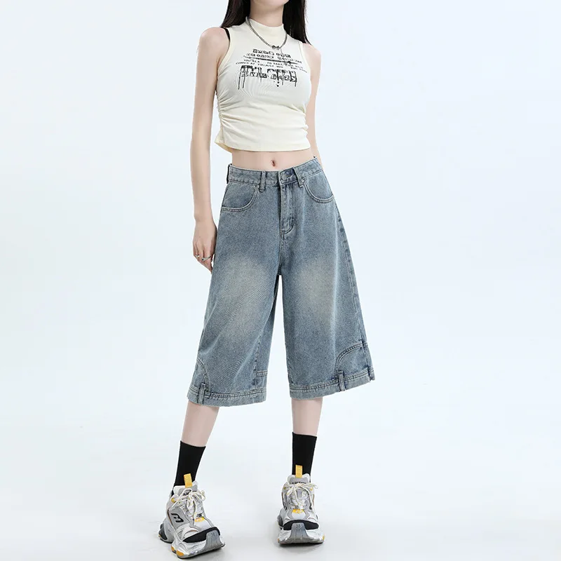 Délavé pour fabriquer des vieux shorts en jean à jambe droite, nouveau jean d'été taille haute ample américain décontracté mi-long pour femmes, Streetwear