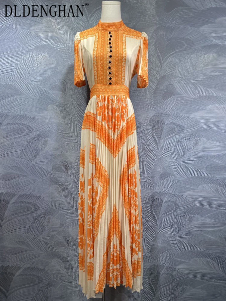 

DLDENGHAN Indie Folk Print Pleated Dress For Women Stand Collar Short Sleeves Elegant Party Maxi Dresses Fashion Summer Female