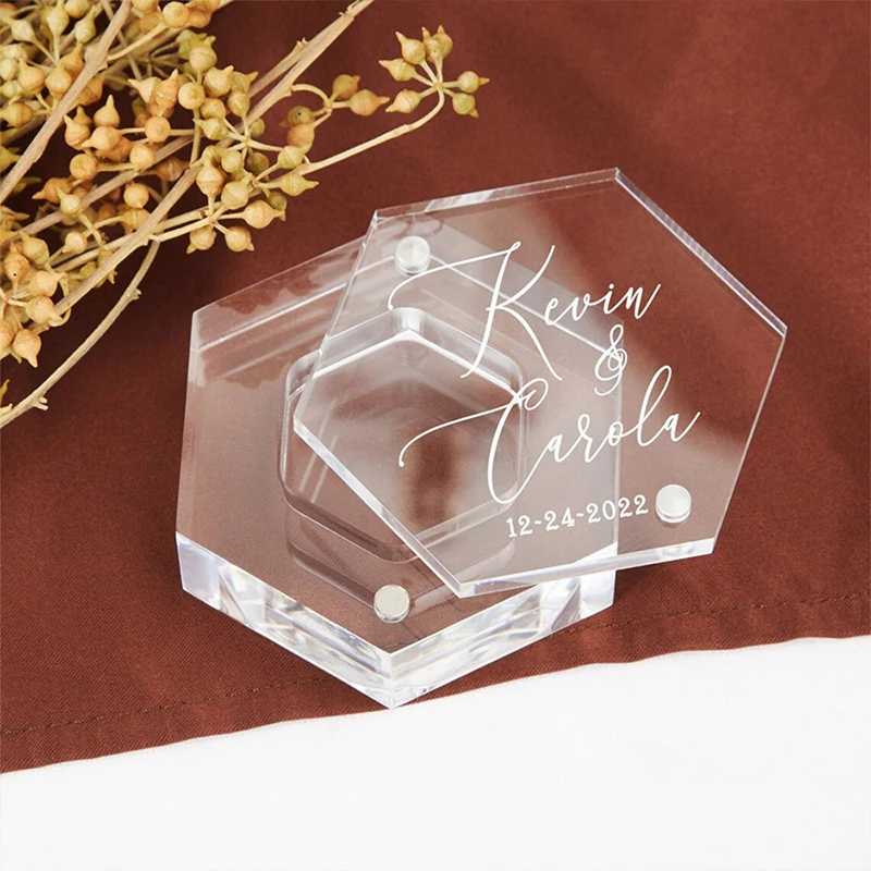 Personalized Wedding Acrylic Ring Box Hexagon Transparent Laser Engraving Ring Box Custom Modern Ring Holder Anniversary Gifts