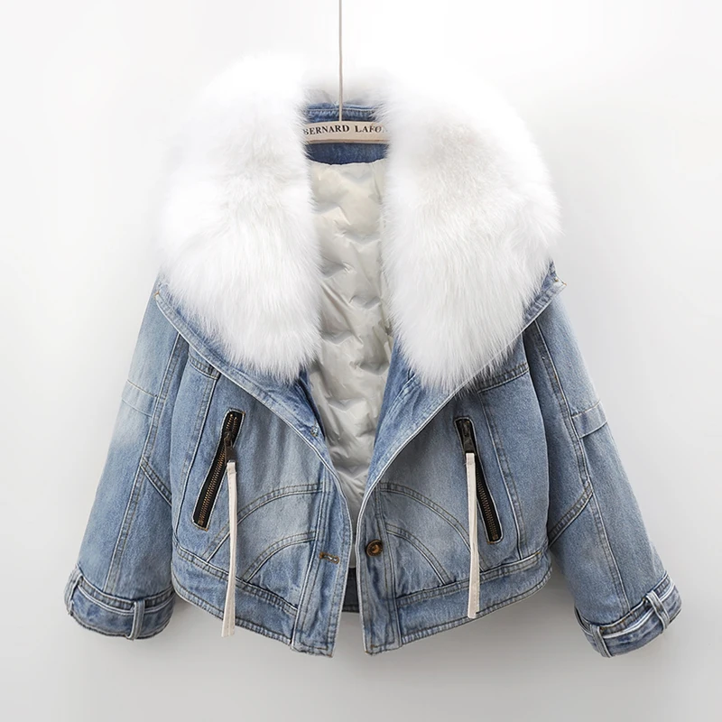 Winter Real Big Fox Fur Collar Down Cotton Liner Denim Jacket Women Cowboy Outwear Vintage Blue Loose Short Jeans Jacket Female