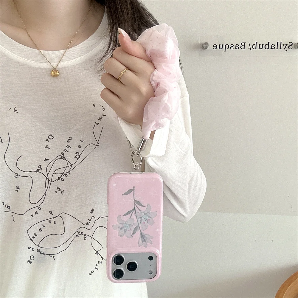 Ins Pastel Pink Watercolor Lily Flower Phone Case For iPhone 15 16 17 Pro Max With Pink Tulle Scrunchie Shockproof Phone Cover