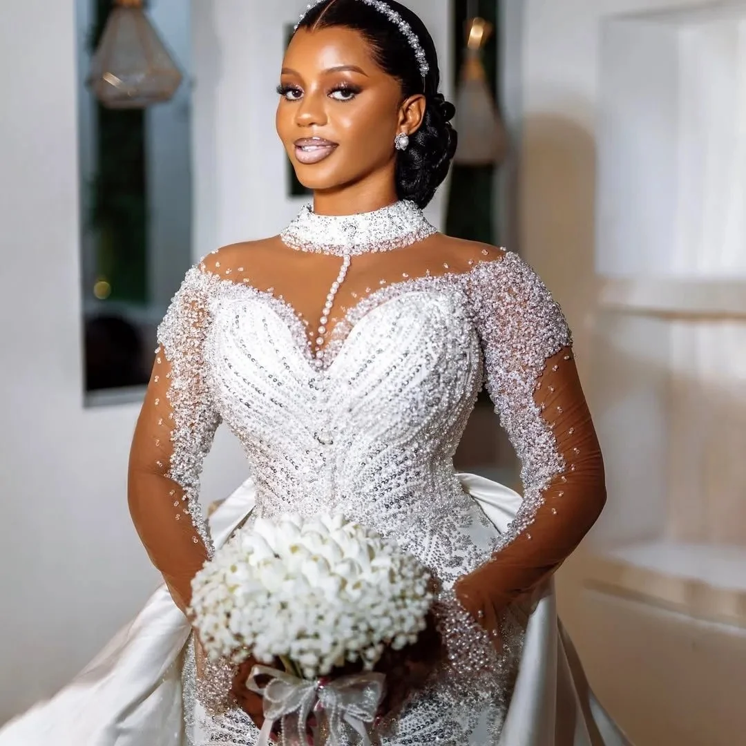 Customized Mermaid Wedding Dresses Bridal Gowns High Neck Long Sleeves Illusion Beaded Lace Appliqued Crystals Wedding Gown