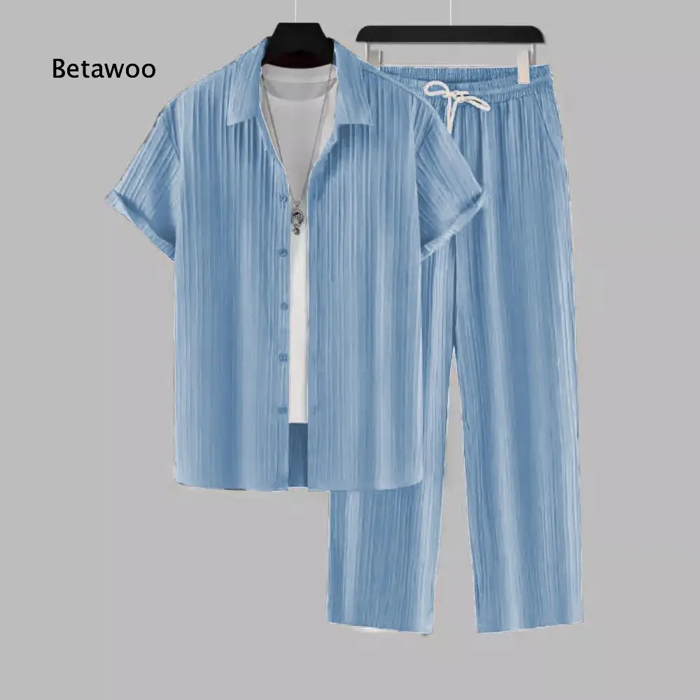 Men Striped Short Sleeve Shirt Button Front Drawstring Long Pants Two Piece Casual Daily Outfit Set