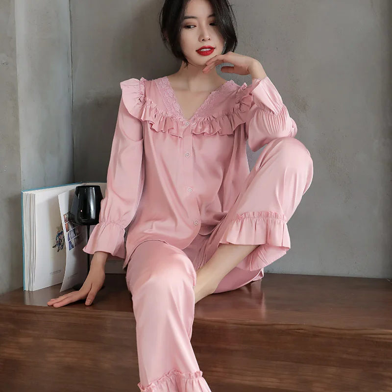 Female 2 Pcs Pajamas Set Palace Style Princess Sleepwear Sweet Lace Ruffle Trouser Suits Nightwear Spring Autumn Satin Home Wear