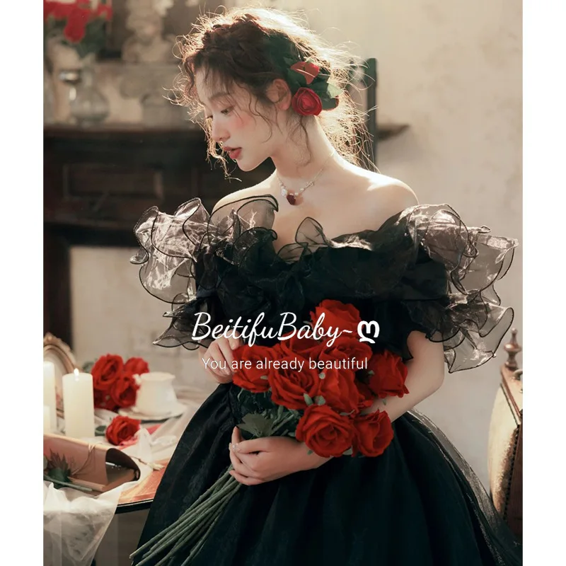 

BeitifuBaby Black Evening Dress for Women Fairy Princess Style Lace Ruffles Sleeveless Off The Shoulder Women's Evening Dresses